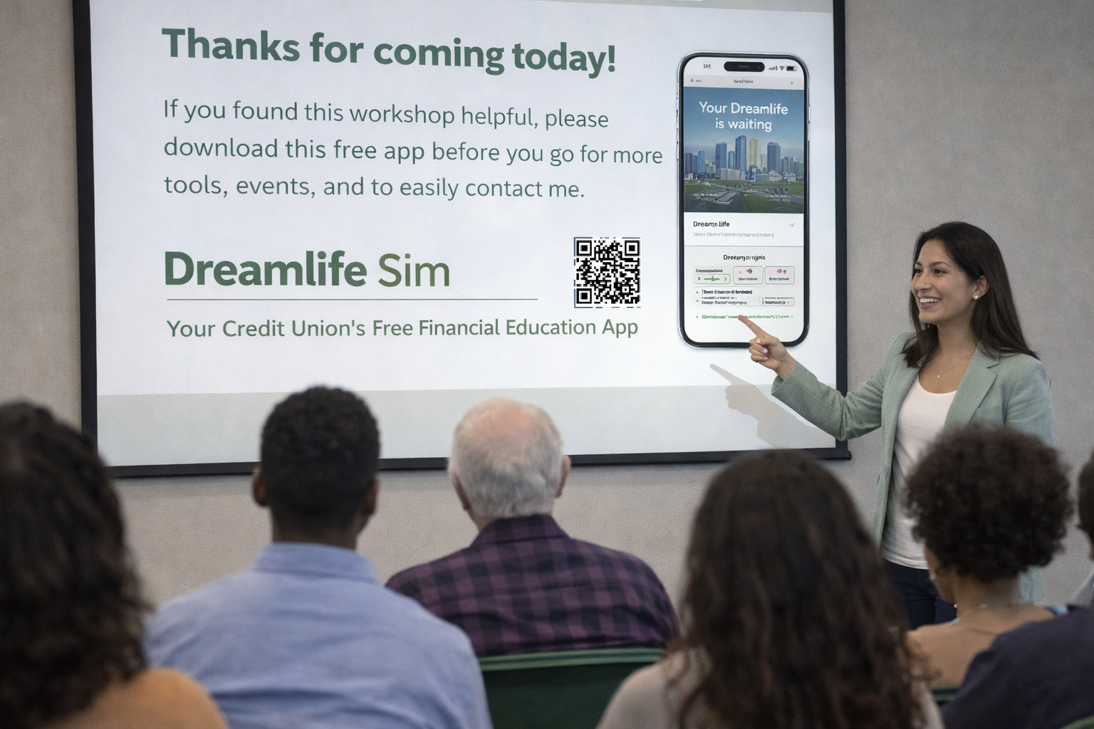 Workshop conclusion showing Dreamlife Sim connection and QR code